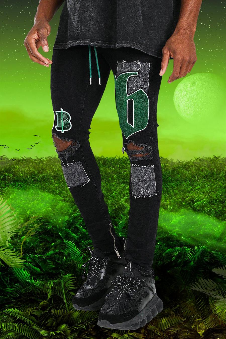 Zwart Burna Boy Super Skinny Fit Spijkerbroek Met Badges image number 1