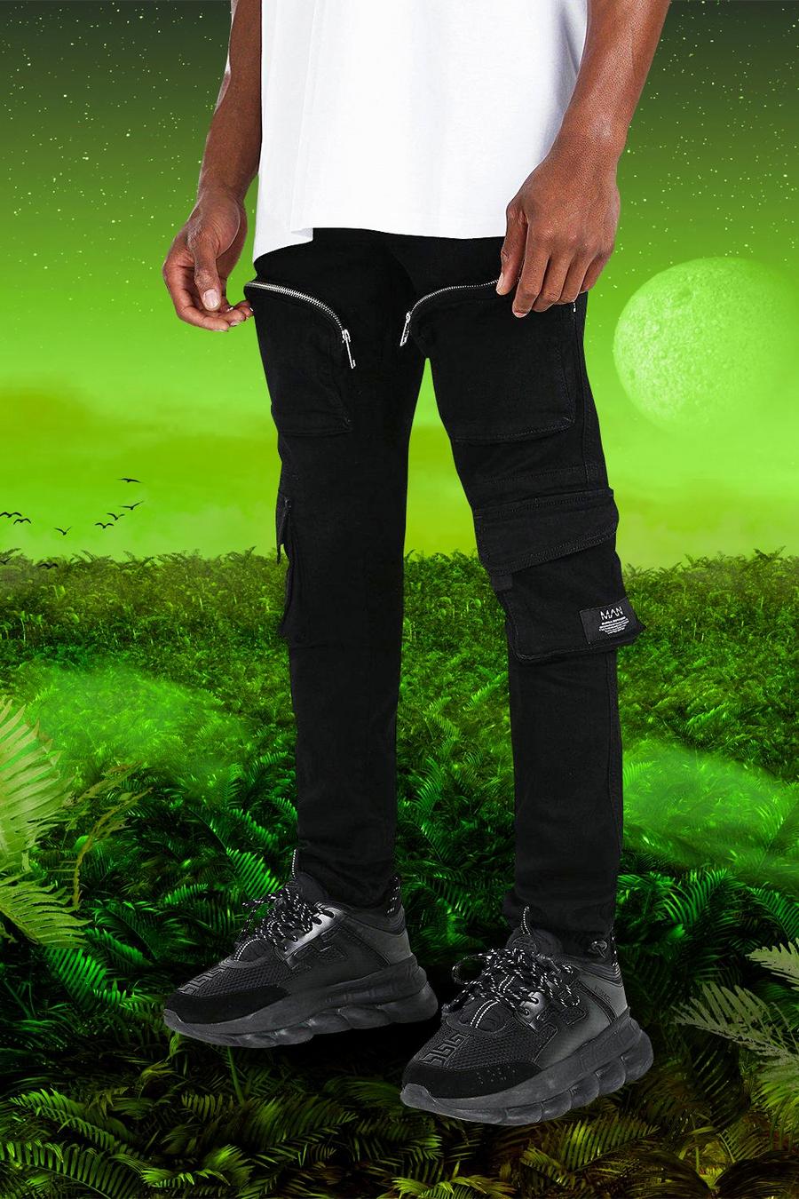 Zwart Burna Boy Skinny Fit Denim Cargo Jeans image number 1