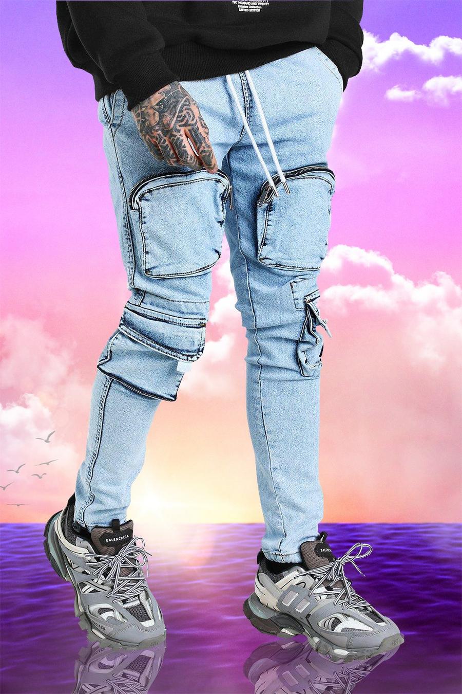 Washed blue Burna Boy Jeans med cargodetaljer i skinny fit image number 1