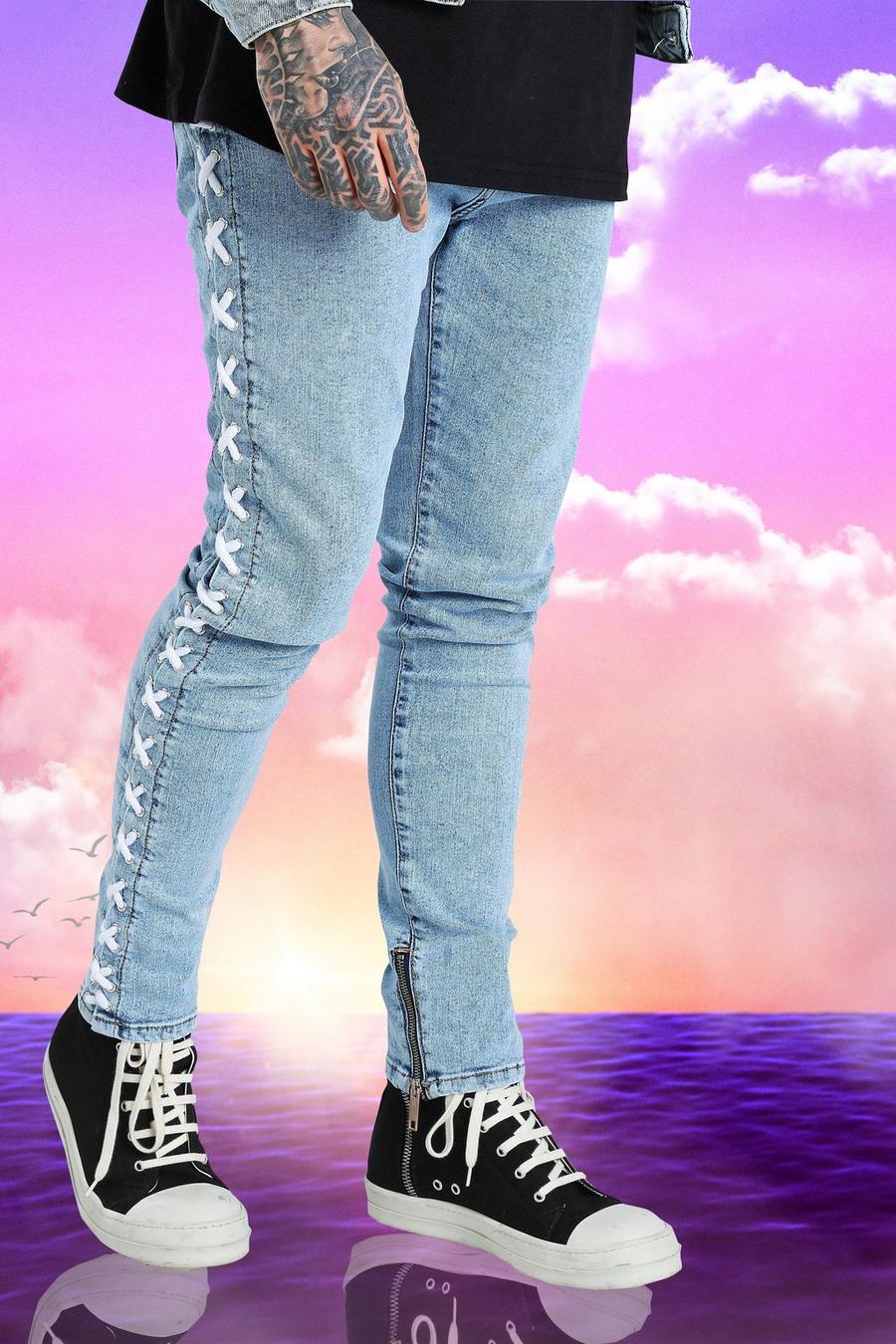 כחול משופשף מכנסי ג'ינס Burna Boy בגזרת סקיני נמתחת עם עיטורי תחרה image number 1