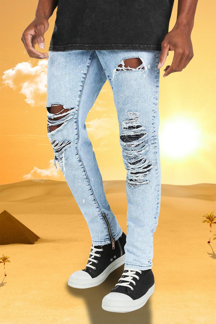 כחול קרח מכנסי ג'ינס Burna Boy בגזרת סקיני נמתחת עם קרעים image number 1
