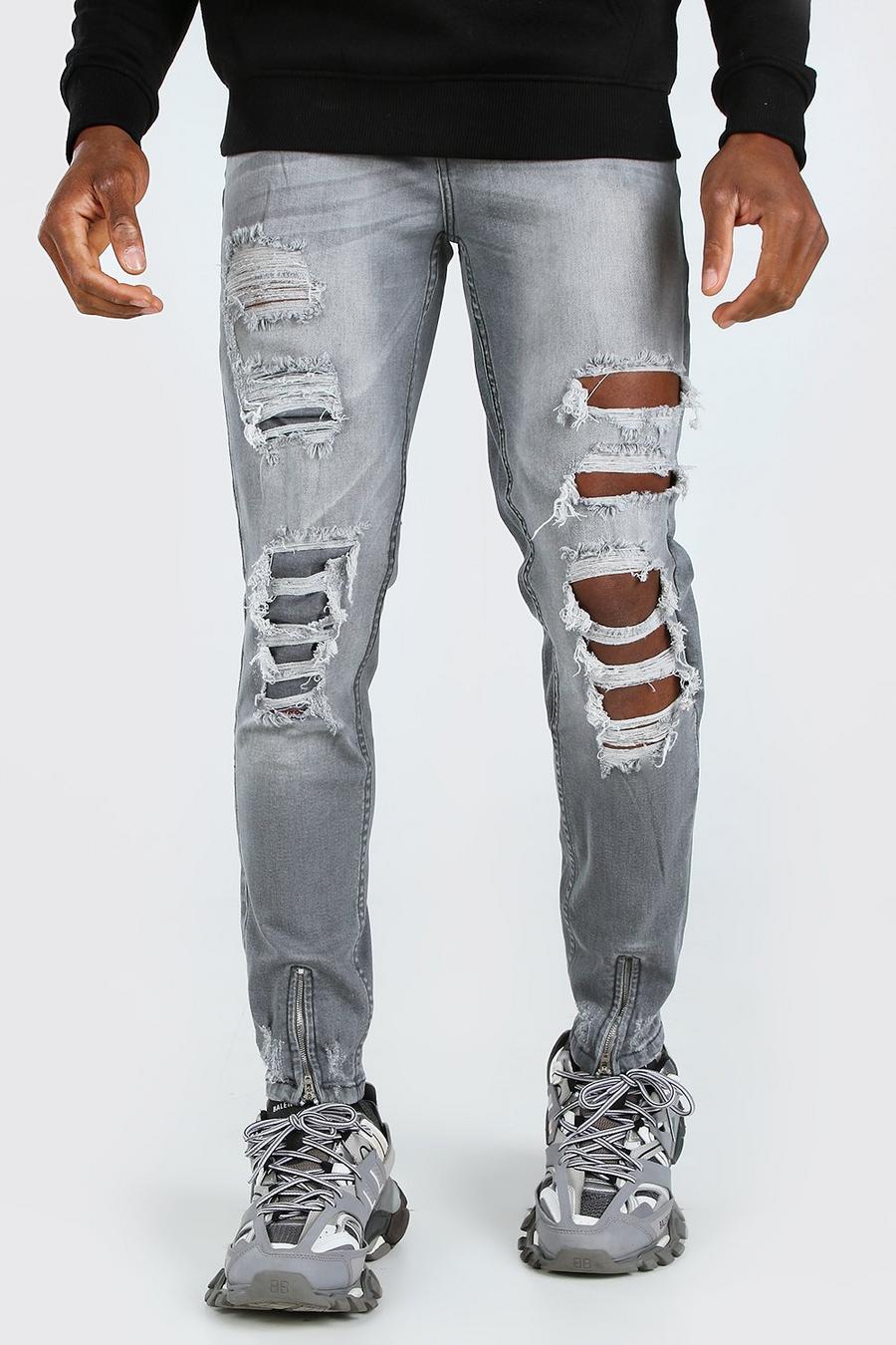 אפור סופר סקיני ג'ינס עם קרעים לכל האורך image number 1