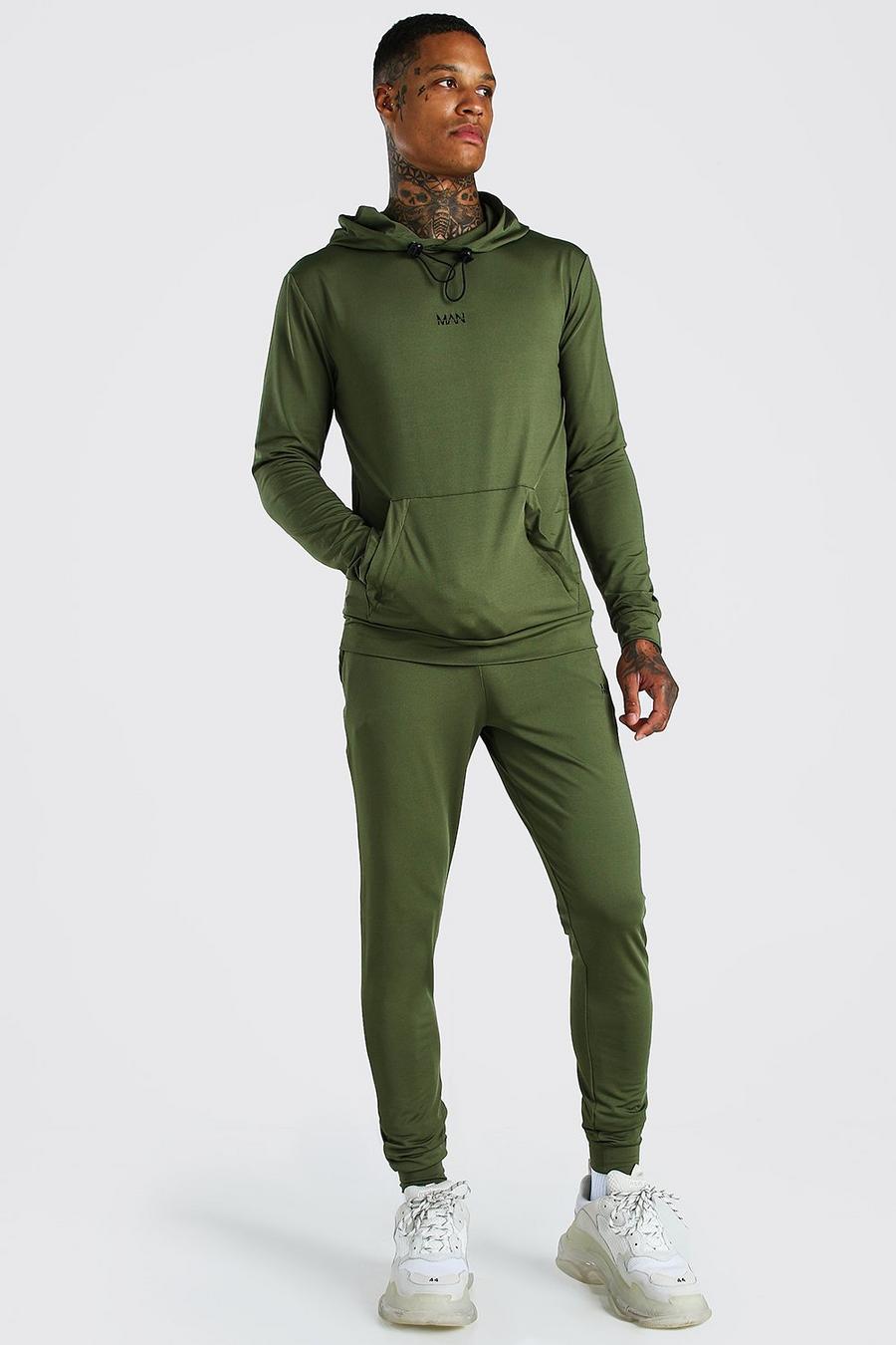 Khaki MAN Muscle Fit Poly Hooded Tracksuit With Zips image number 1