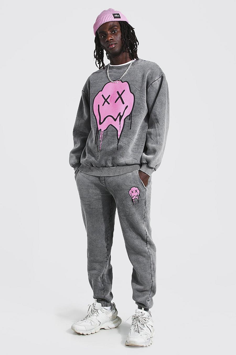 Charcoal Loose Fit Acid Wash Drip Face Sweater Tracksuit image number 1