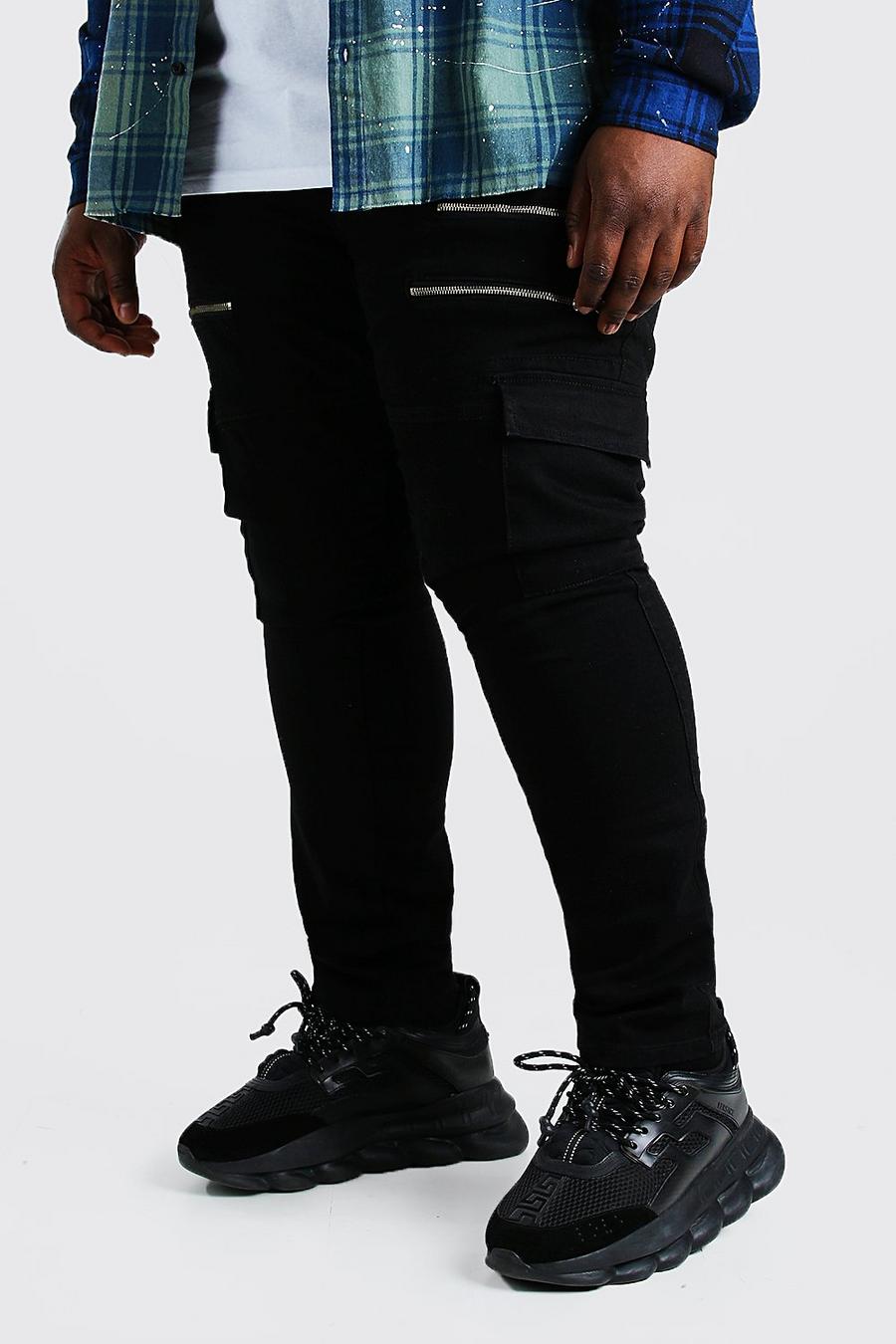 שחור מכנסי ג'ינס סופר סקיני בסגנון אופנוענים עם רוכסן לגברים גדולים וגבוהים image number 1