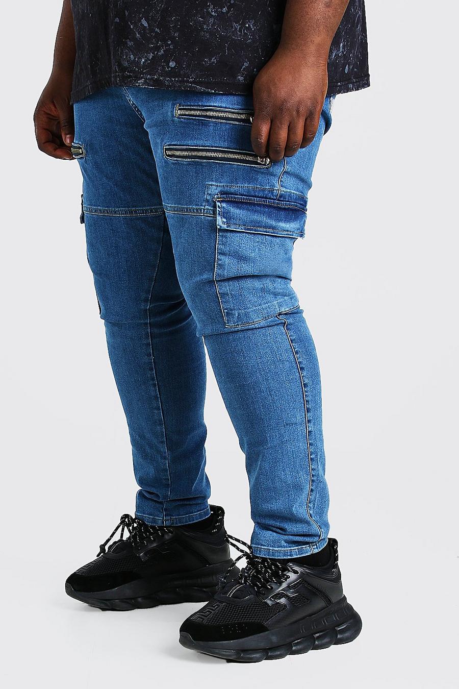 כחול ביניים מכנסי ג'ינס סופר סקיני בסגנון אופנוענים עם רוכסן לגברים גדולים וגבוהים image number 1