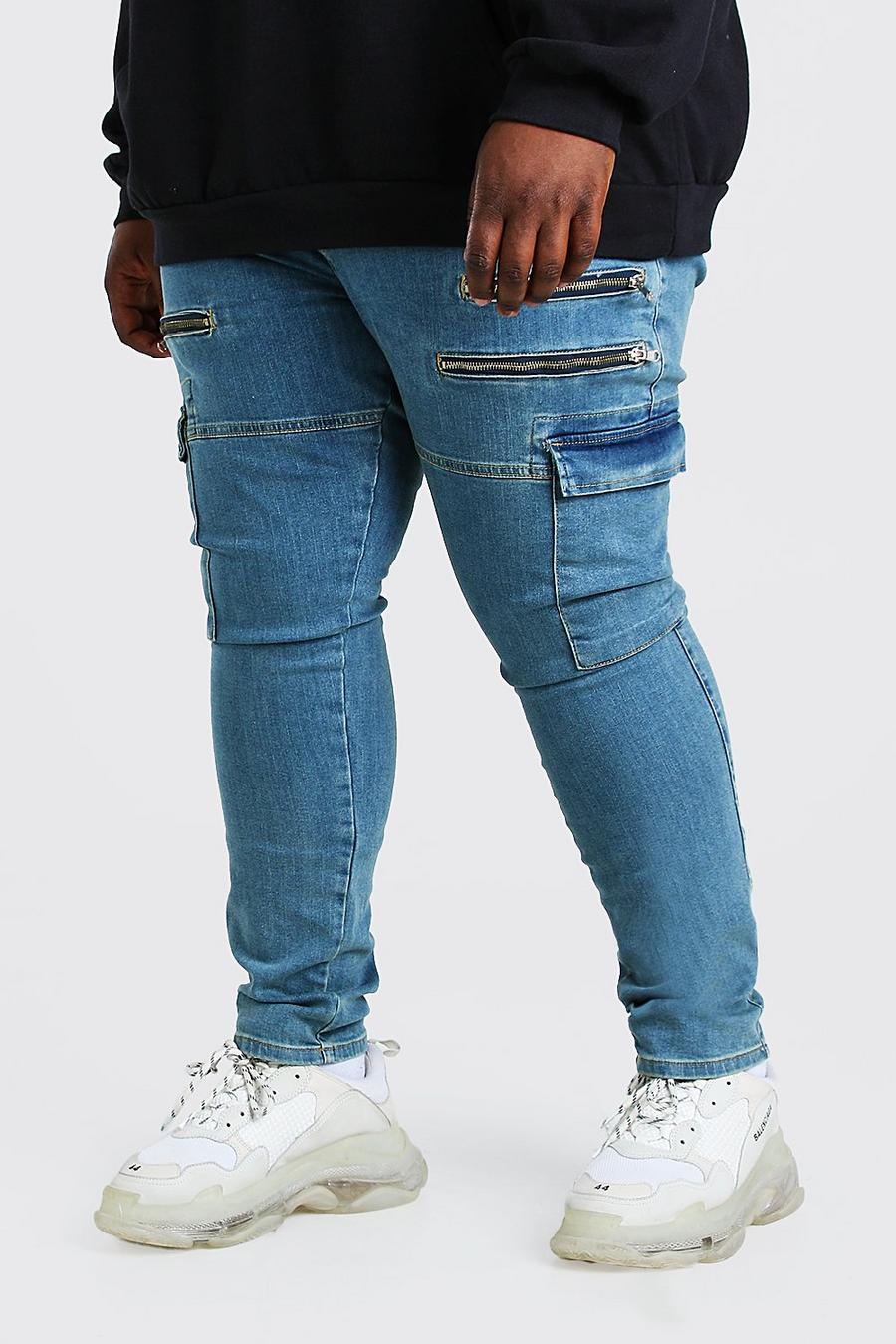 Vintage blue מכנסי ג'ינס סופר סקיני בסגנון אופנוענים עם רוכסן לגברים גדולים וגבוהים image number 1