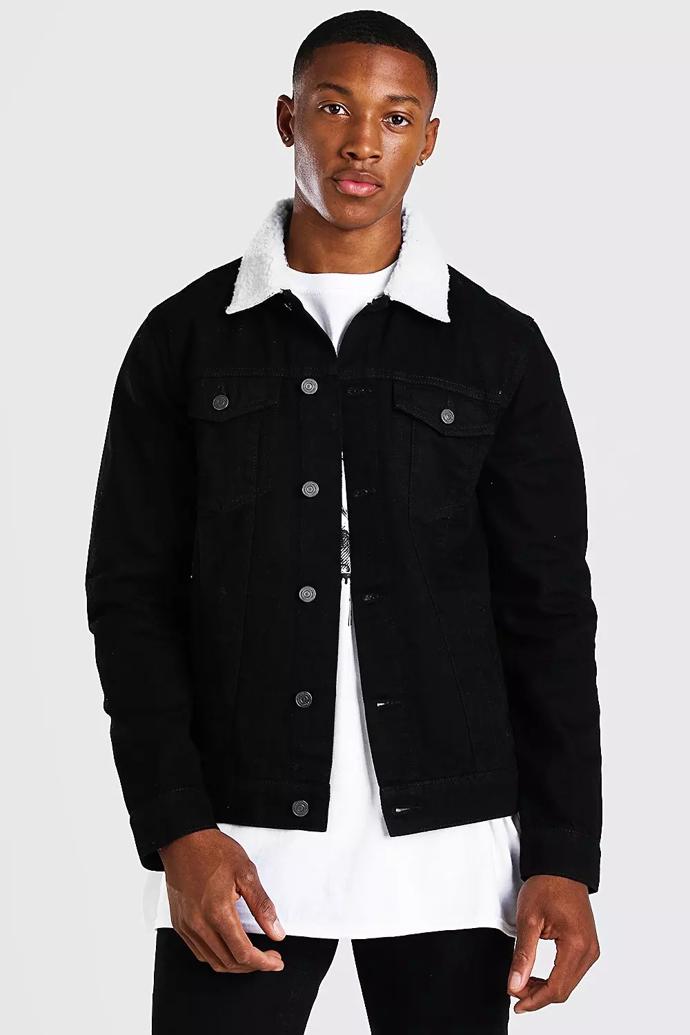 Borg collar 2025 black denim jacket