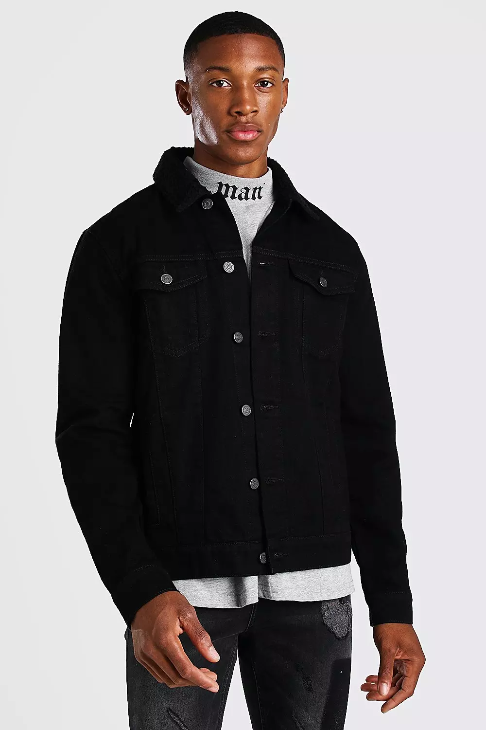 Mens black denim cheap jacket borg collar