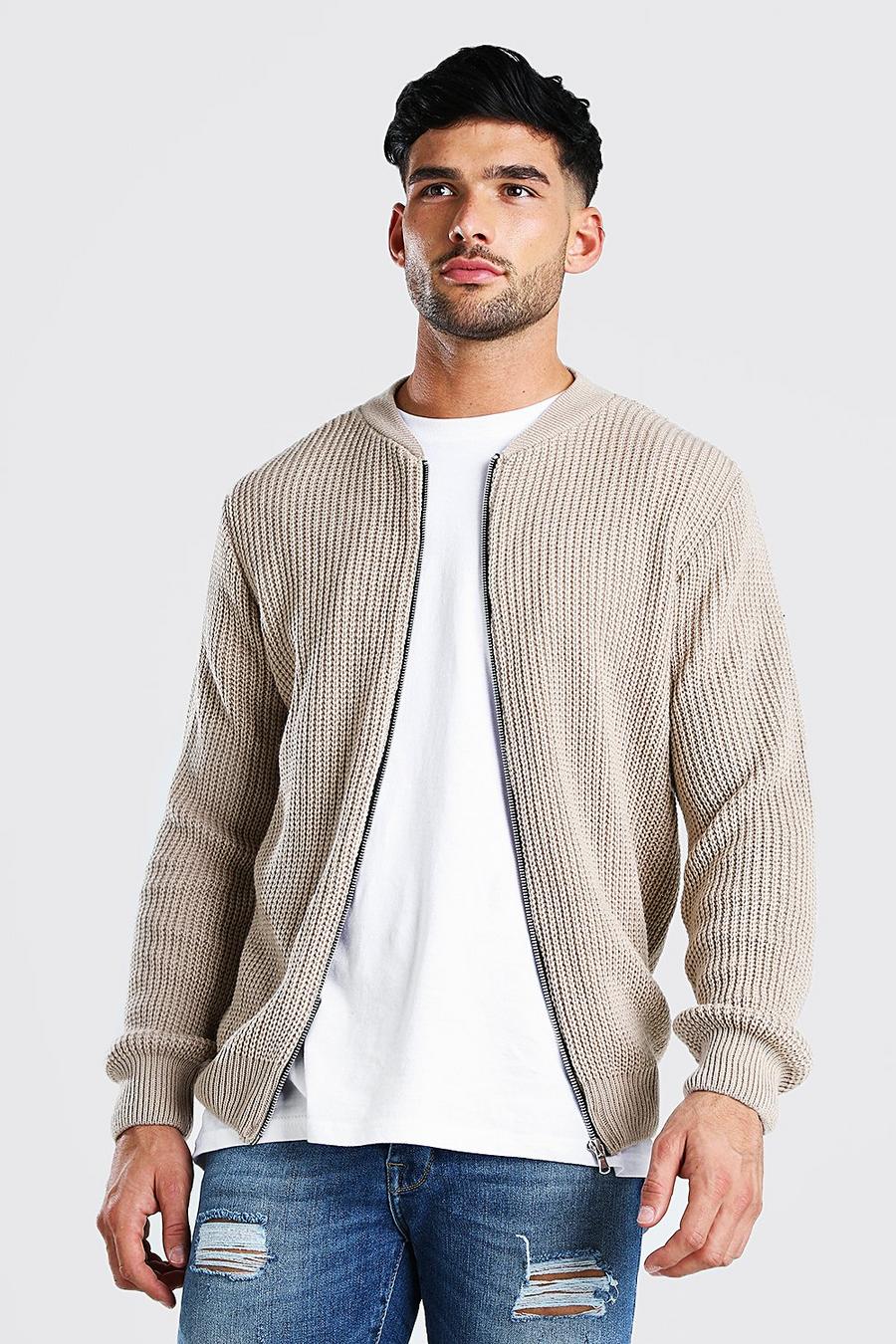Stone Chunky Knitted Ribbed Bomber image number 1