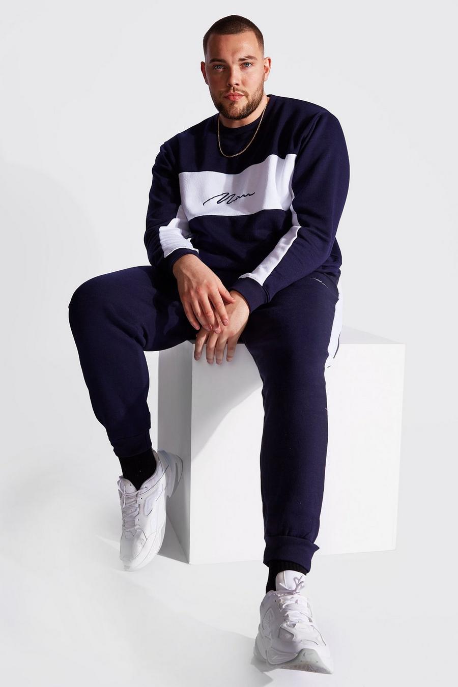 Plus Size MAN Trainingsanzug im Colorblock-Design, Marineblau image number 1