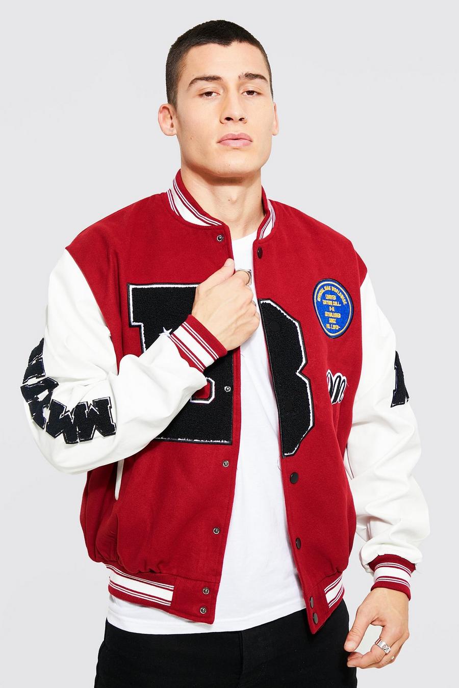 Men's B Varsity Patch Bomber With Leather Look Sleeves | Boohoo UK