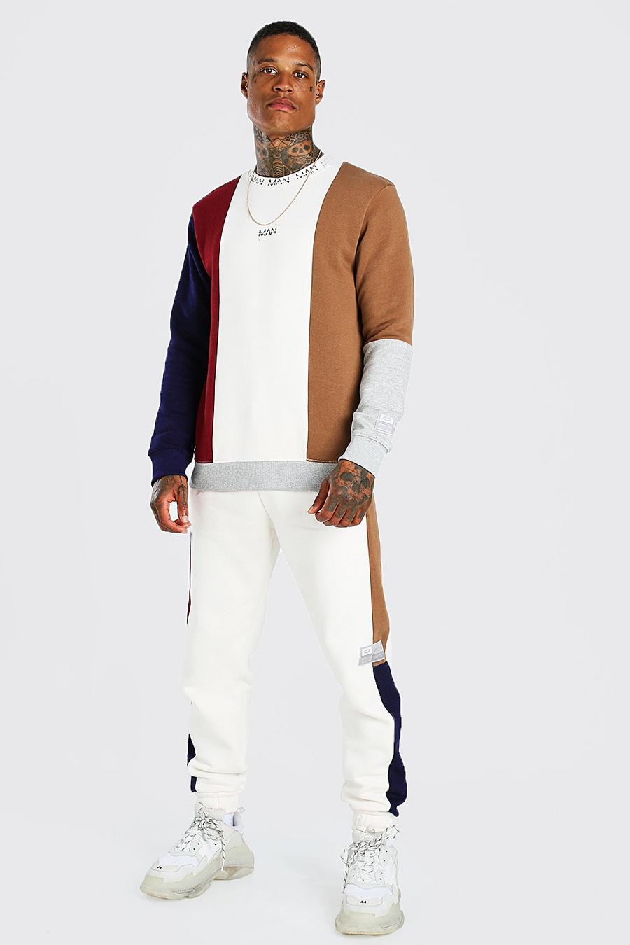שמנת חליפת טרנינג עם לוגו MAN חצוי עם סווטשירט קולור בלוק image number 1