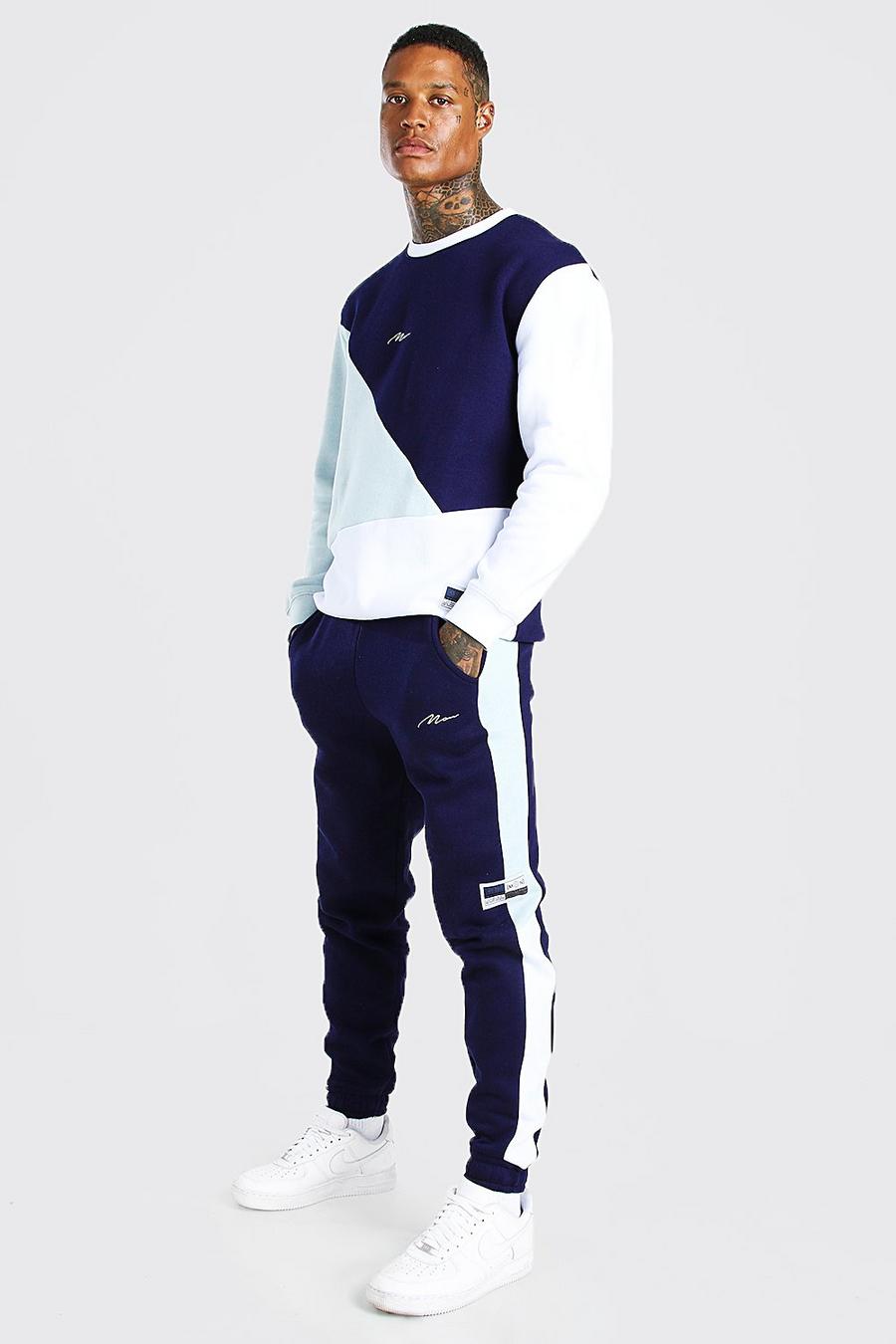 Sky grey Loose Fit MAN Colour Block Sweater Tracksuit image number 1
