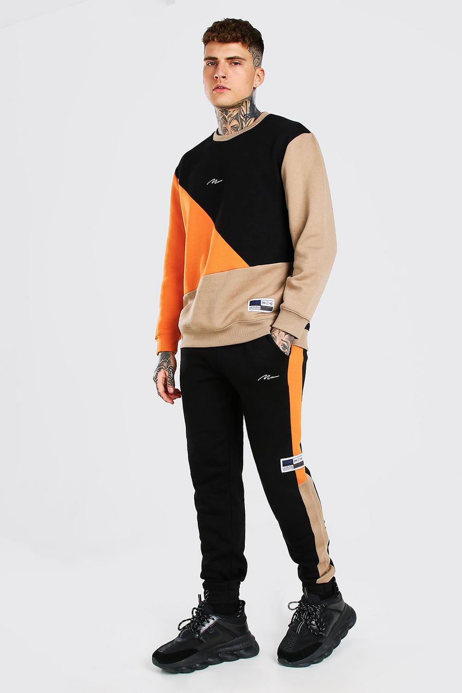 Loose Fit MAN Colour Block Sweater Tracksuit, Orange image number 1