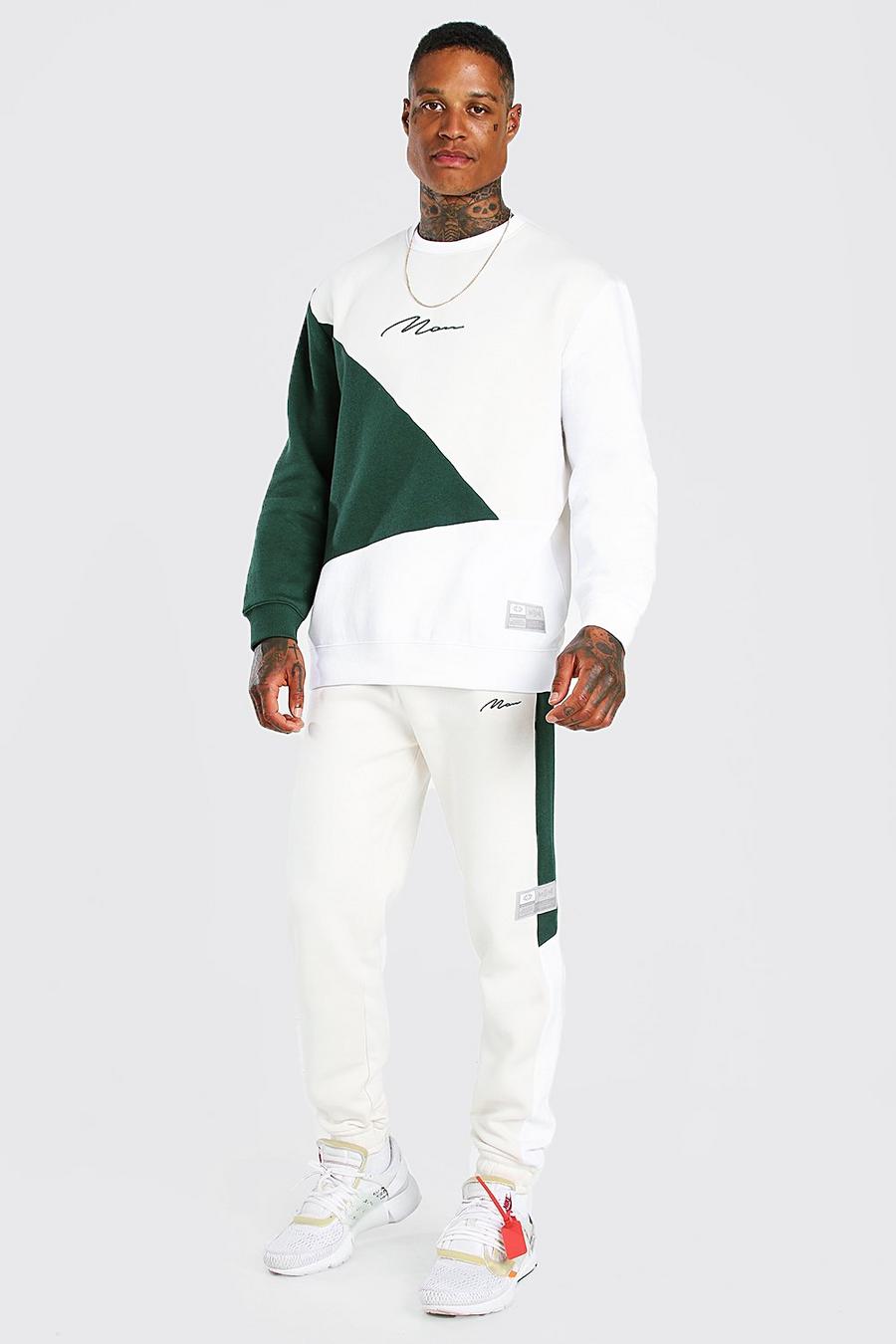 Dark green Loose Fit MAN Colour Block Sweater Tracksuit image number 1