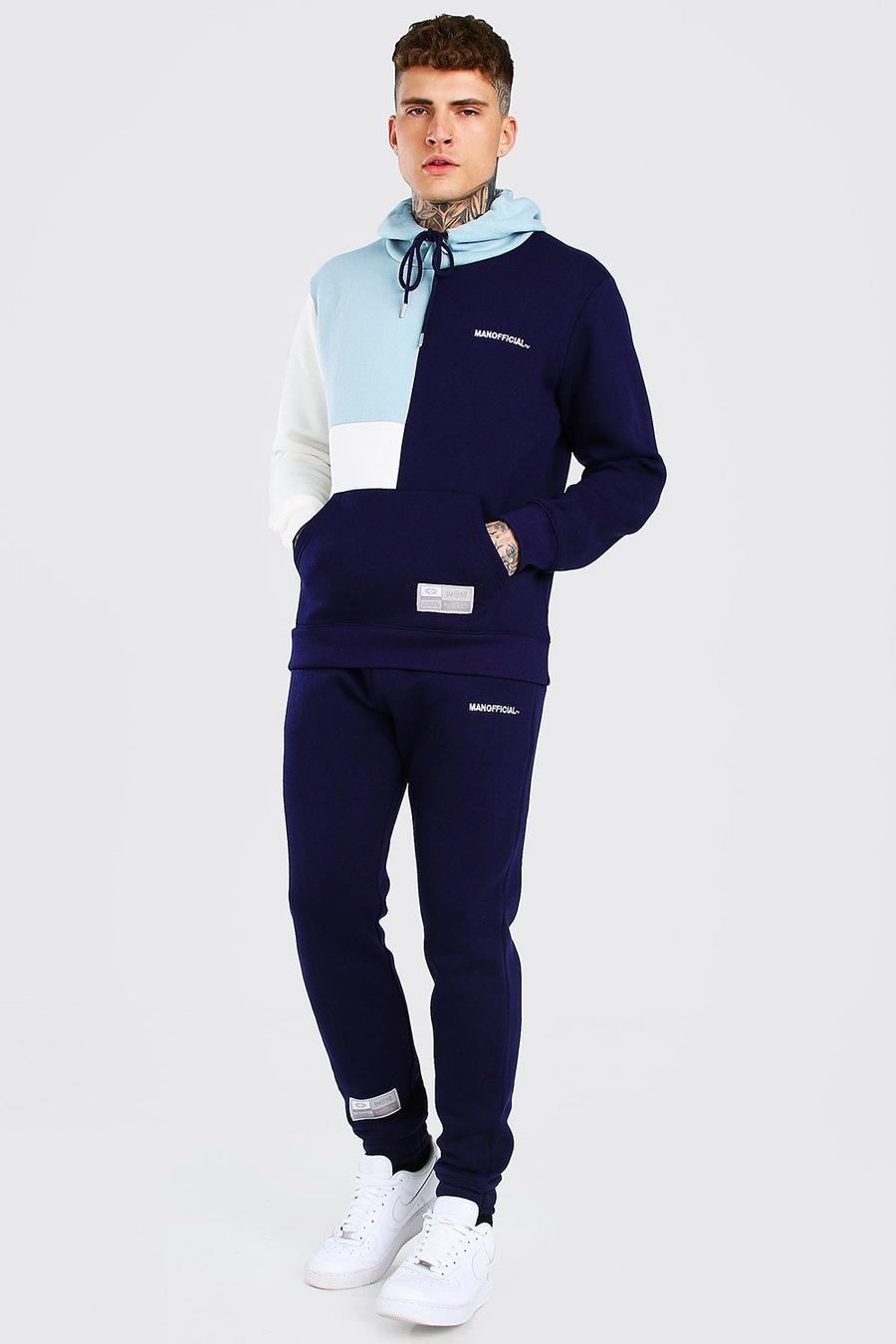Navy MAN Colour Block Hooded Tracksuit image number 1