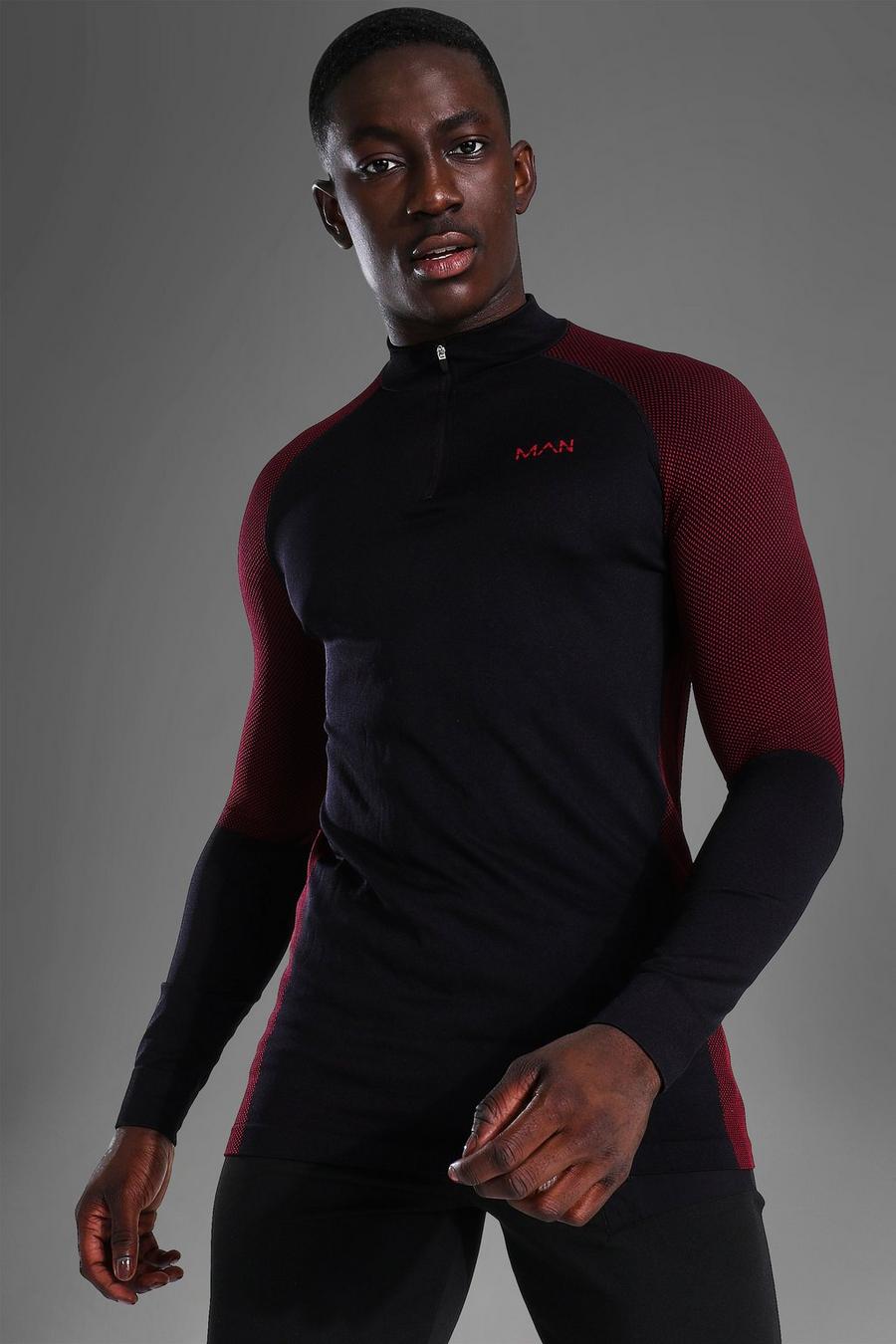 Black Active Gym Muscle Fit Seamless 1/4 Zip Top image number 1