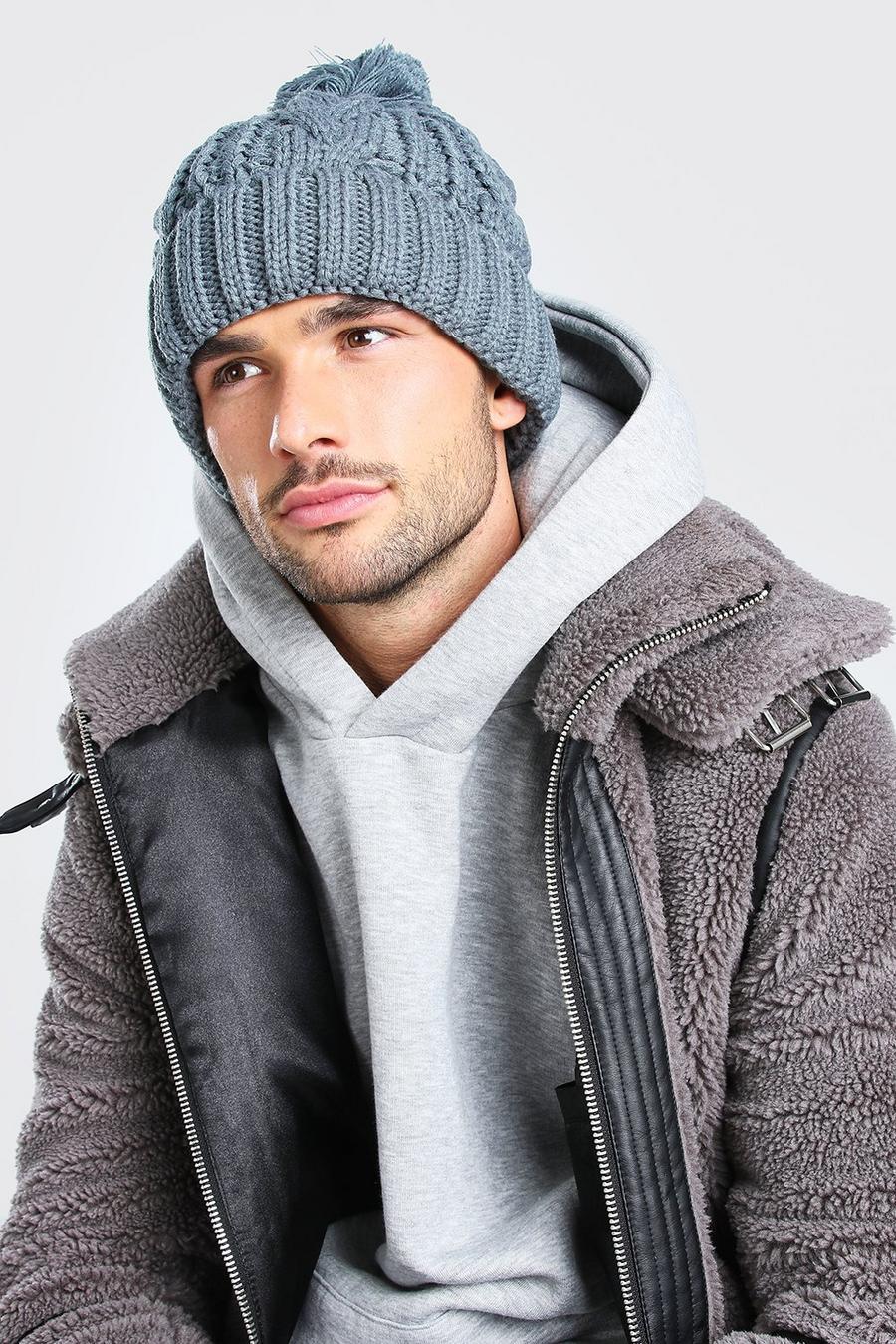 Dark grey Chunky Knit Bobble Hat image number 1