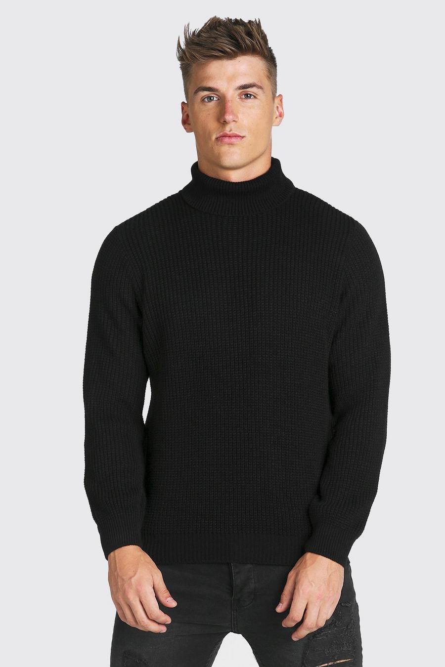 Black Chunky Ribbed Turtleneck Sweater image number 1