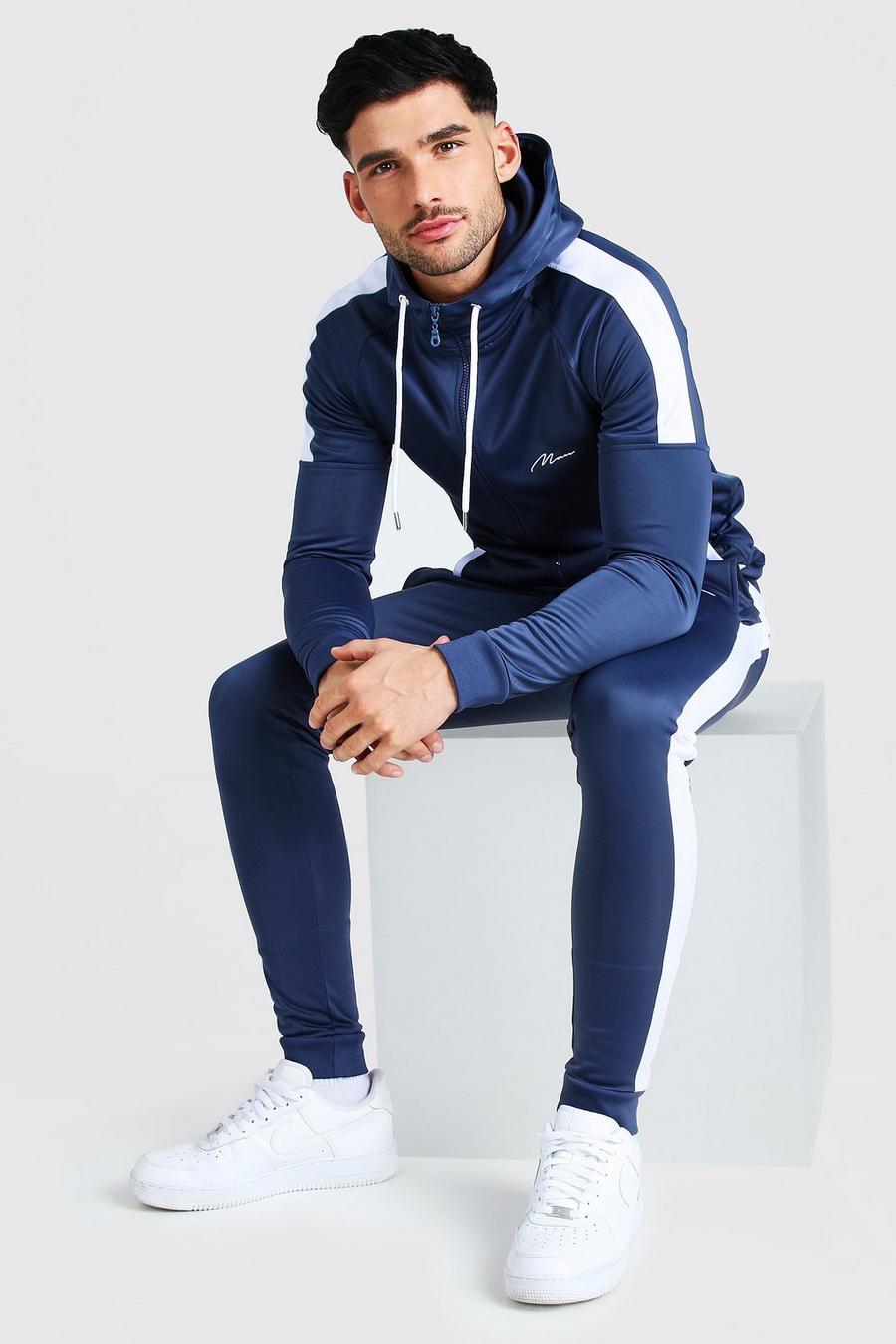 Navy MAN Signature Muscle Fit Panelled Tracksuit image number 1