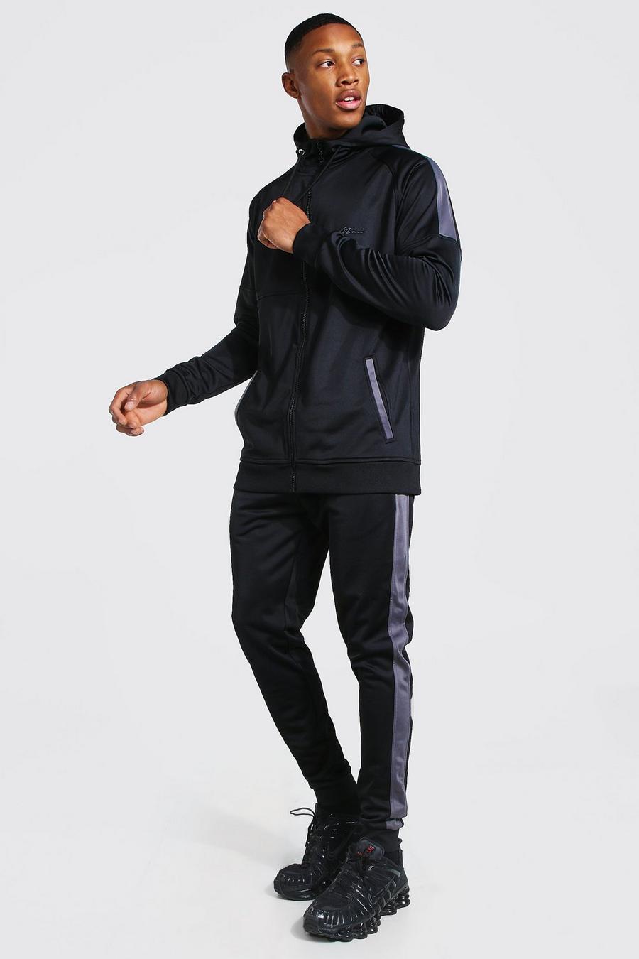 Black MAN Signature Muscle Fit Panelled Tracksuit image number 1