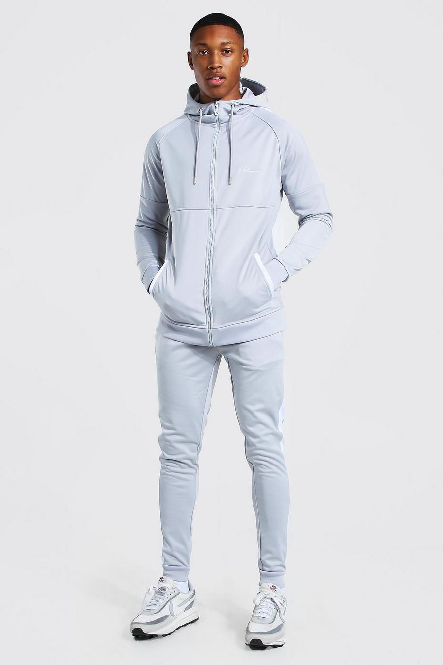 MAN Signature Muscle Fit Panelled Tracksuit, Grey image number 1