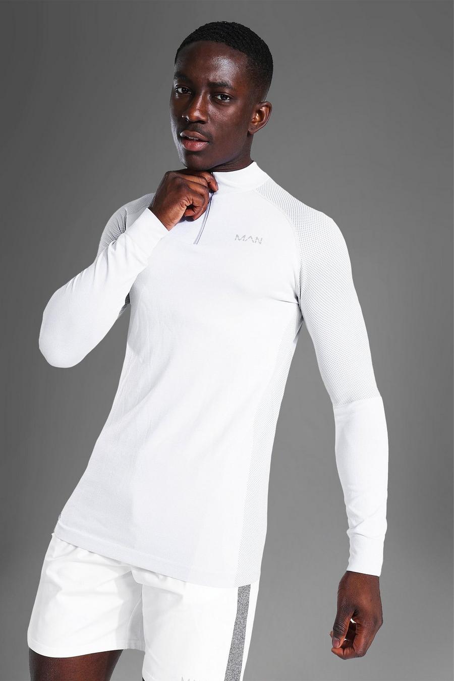 White Active Gym Muscle Fit Seamless 1/4 Zip Top image number 1