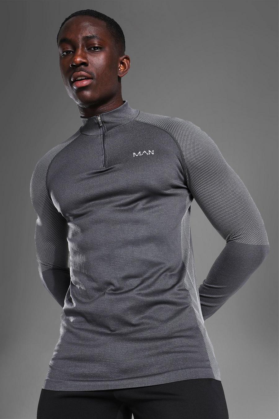 Charcoal Active Gym Muscle Fit Seamless 1/4 Zip Top image number 1