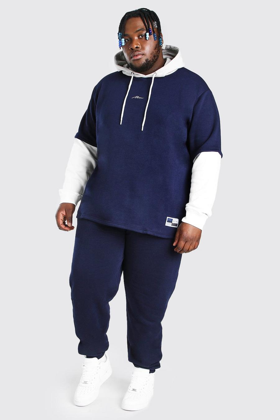 Navy Plus Size MAN Contrast Hooded Tracksuit image number 1