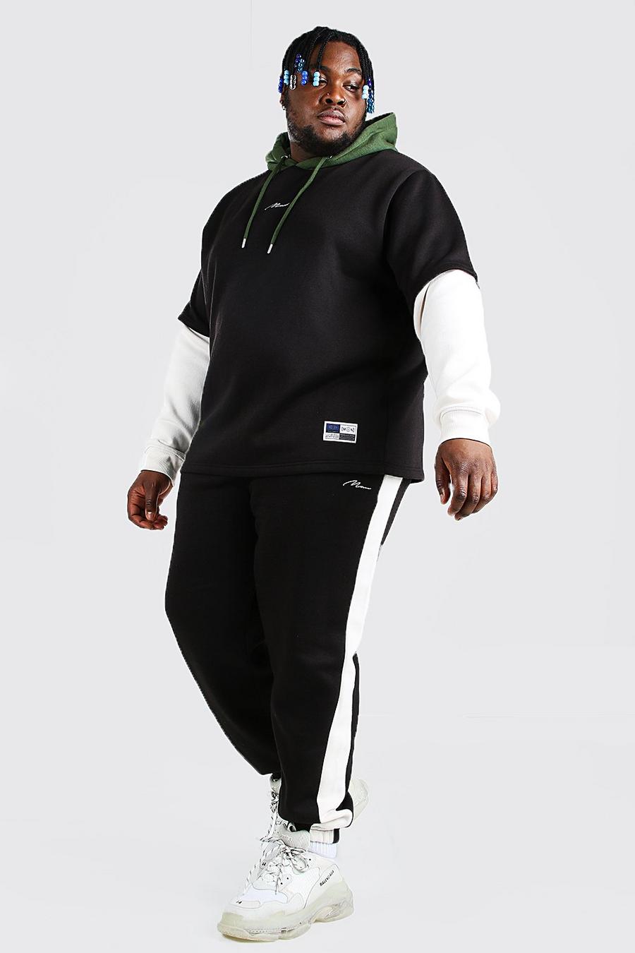 Plus Size MAN Trainingsanzug mit Kapuze in Kontrastfarbe, Schwarz image number 1