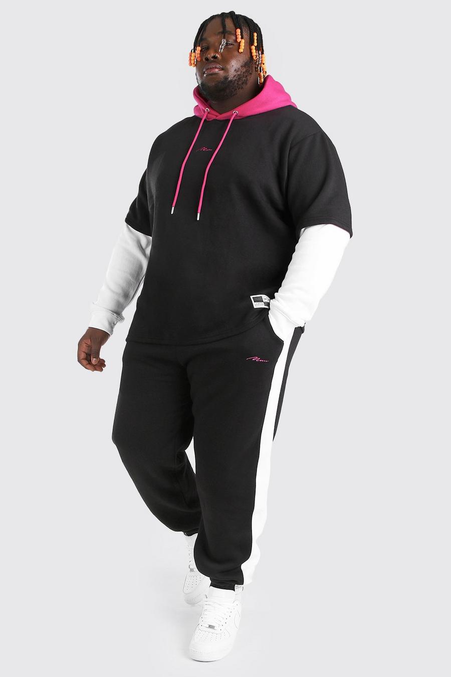 Plus Size MAN Trainingsanzug mit Kapuze in Kontrastfarbe, Schwarz image number 1