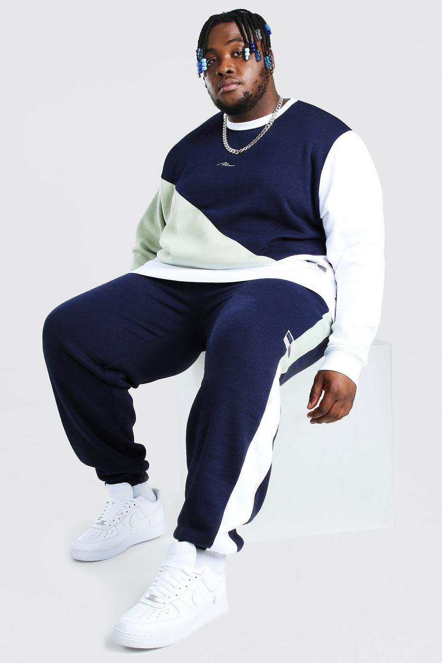 Plus Size MAN Trainingsanzug im Colorblock-Design längs geteilt, Marineblau image number 1