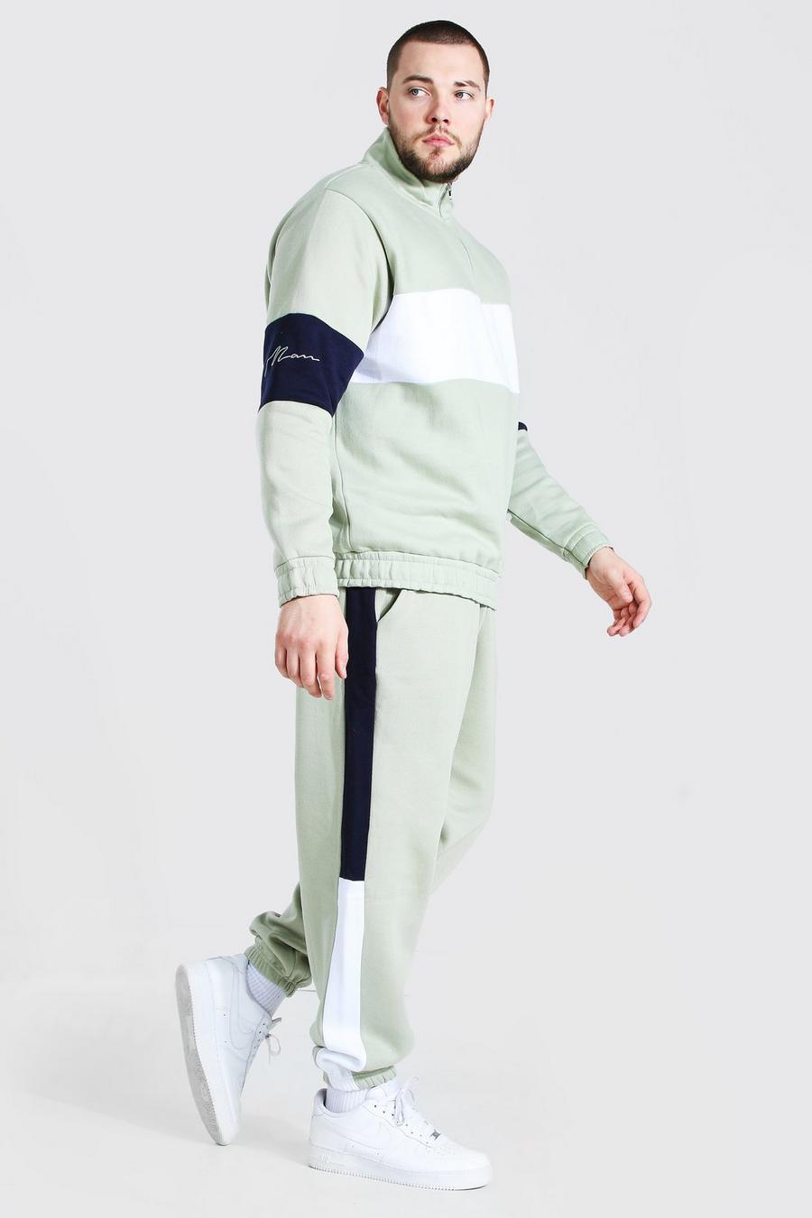 Plus Size MAN Trainingsanzug mit Trichterhals im Colorblock-Design, Salbeigrün image number 1