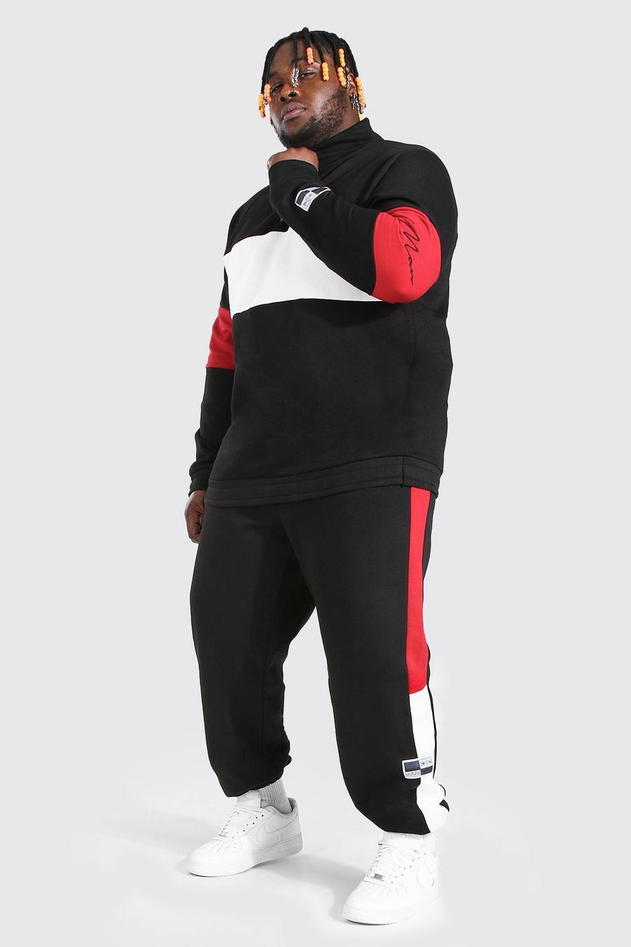 Plus Size MAN Trainingsanzug mit Trichterhals im Colorblock-Design, Schwarz image number 1