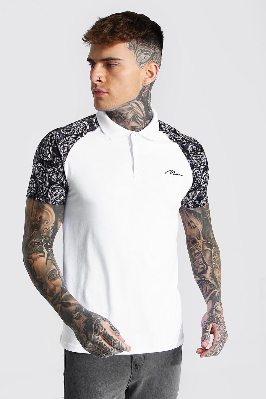 White Muscle Fit Man Signature Raglan Print Polo image number 1