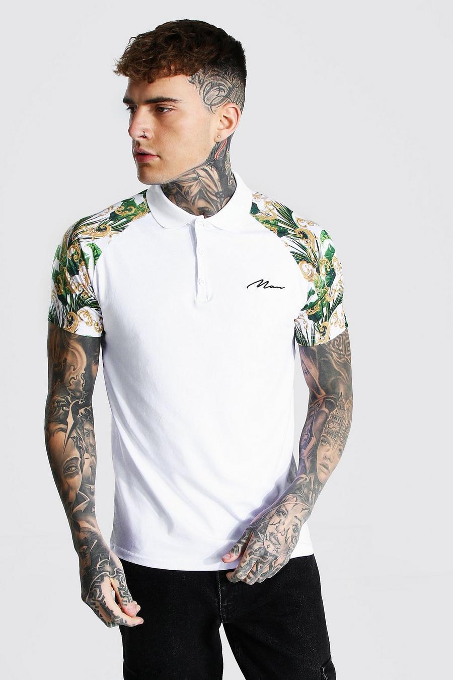 White Muscle Fit Man Signature Raglan Print Polo image number 1