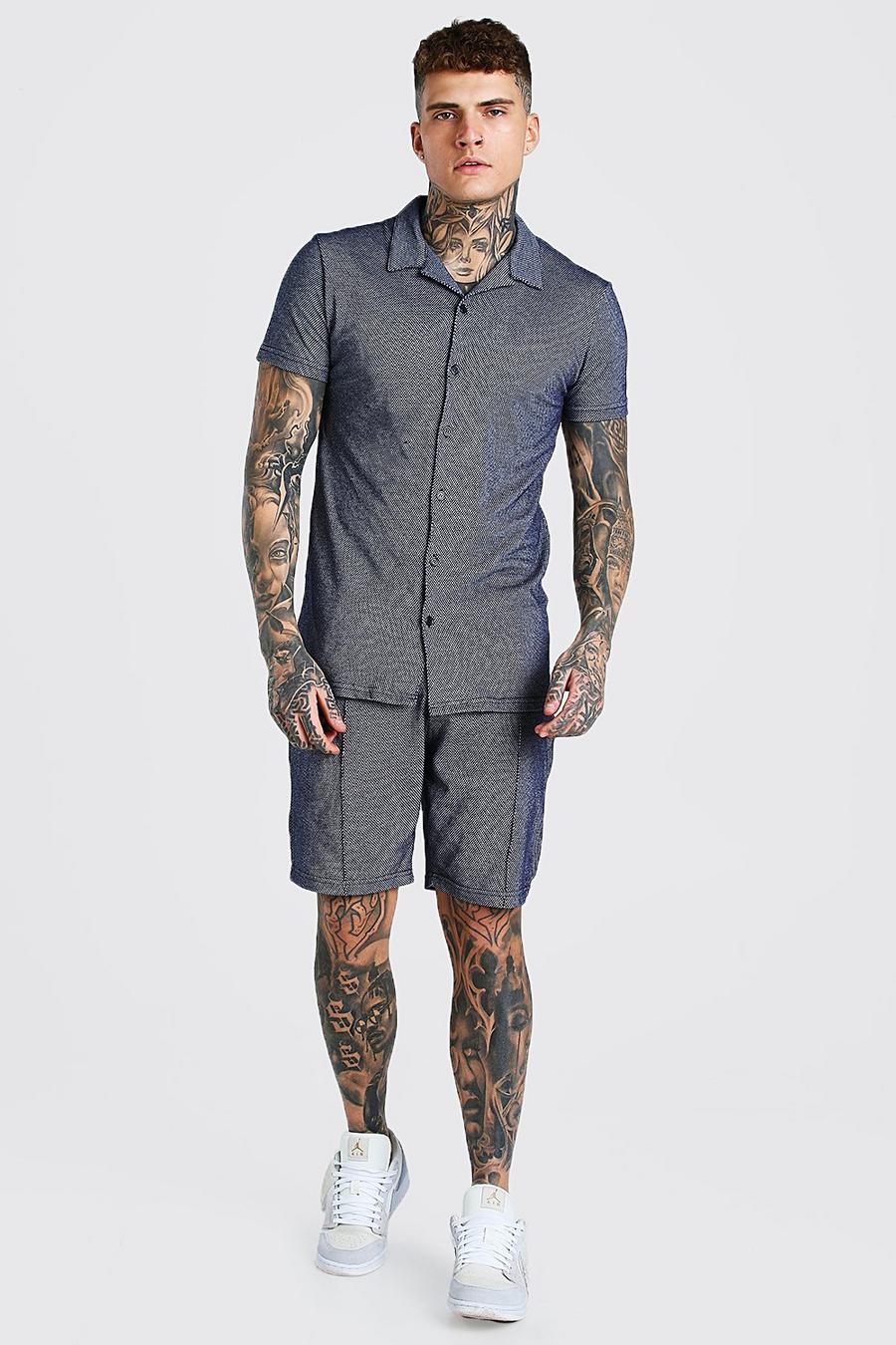 Conjunto de pantalones cortos de pinza y camisa con cuello de solapa y manga corta, Azul marino image number 1