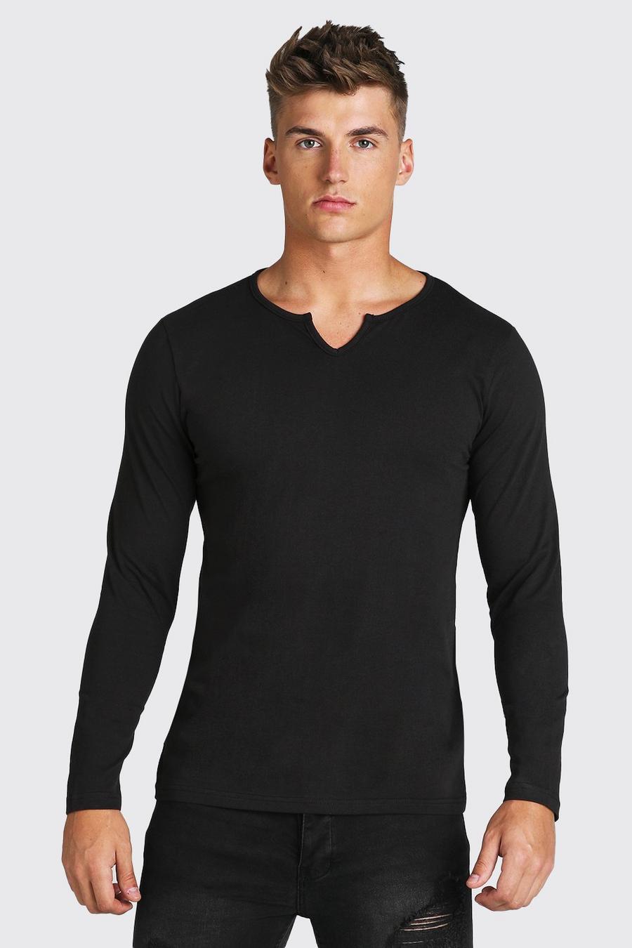 Black Notch Neck Long Sleeve T-Shirt image number 1