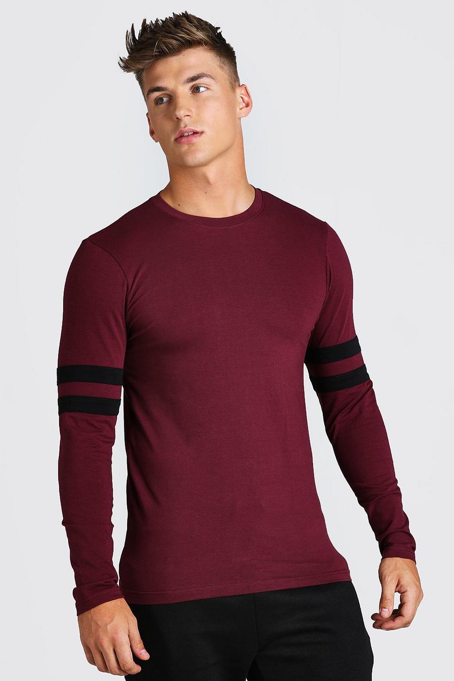 Burgundy Muscle Fit  T-Shirt Met Lange Mouwen En Paneel image number 1
