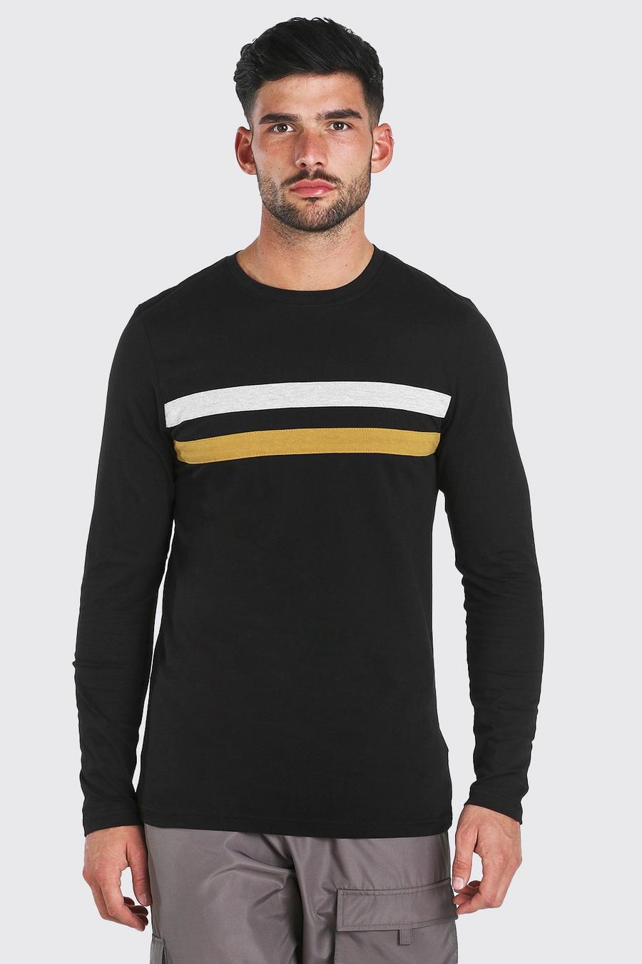 Black Muscle Fit Chest Panel Long Sleeve T-Shirt image number 1