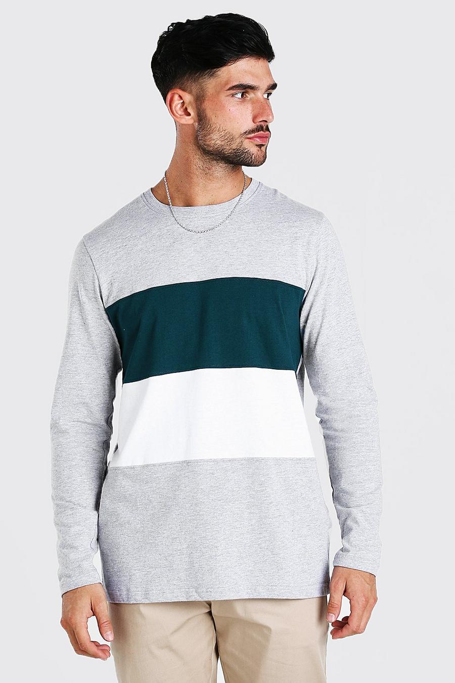 Langärmliges Longline T-Shirt im Colorblock-Design, Grau meliert image number 1