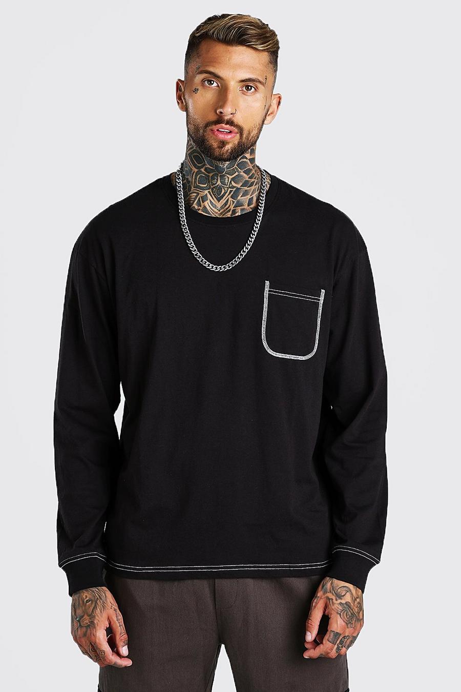 Oversized Long Sleeve Contrast stitch T-Shirt, Black image number 1