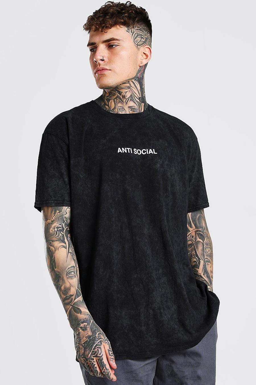 T-Shirt mit Antisocial-Slogan und Enzym-Waschung in Übergröße, Anthrazit image number 1