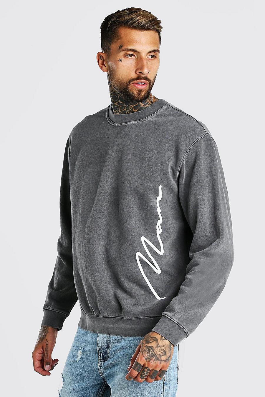 Charcoal Oversized MAN Signature Print Overdyed Sweater image number 1