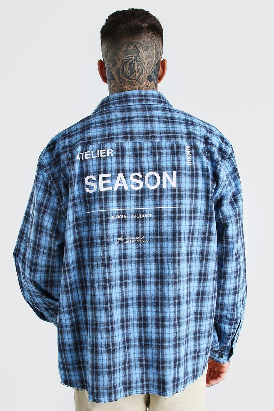Blue Oversized Check Shirt With Back Print And Raw Hem image number 1