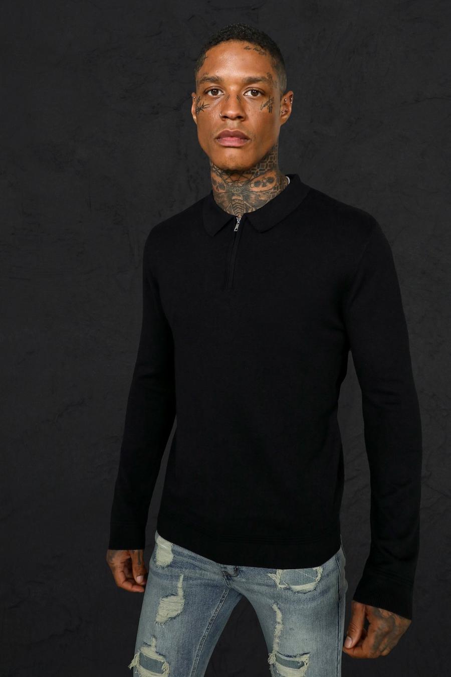 שחור סוודר עם שרוולים ארוכים רוכסן חלקי וצווארון פולו image number 1