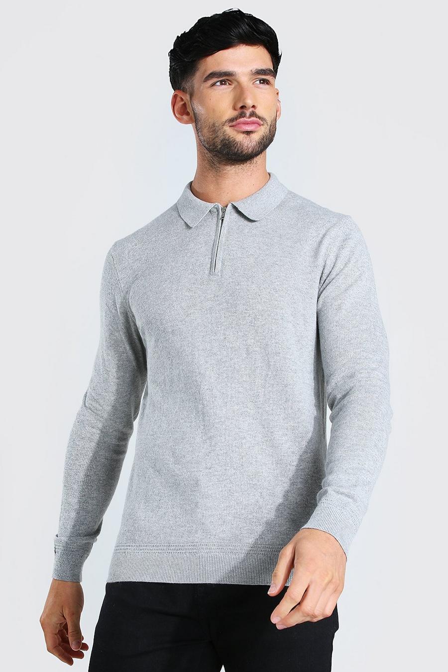 Light grey Long Sleeve Half Zip Polo Neck Sweater image number 1