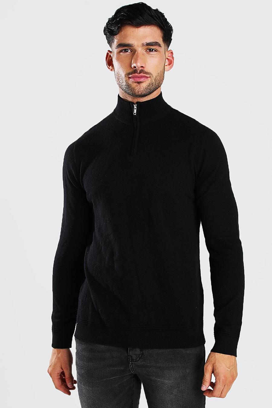 שחור סוודר עם שרוולים ארוכים רוכסן חלקי וצווארון גולף image number 1