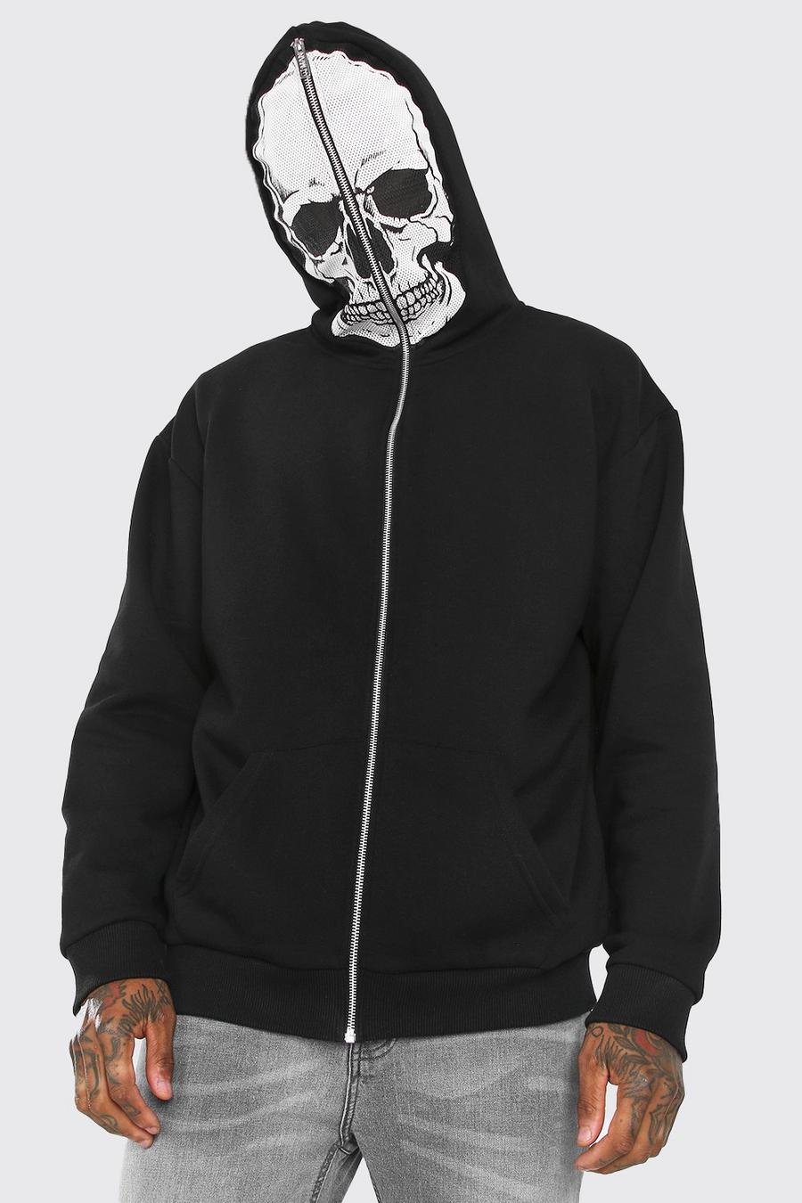 Black Oversized Skull Zip Through Hoodie With Mesh Face image number 1